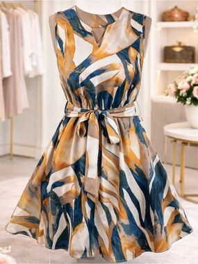 Sleeveless Abstract Print Belted A-Line Dress - Blue & Mustard